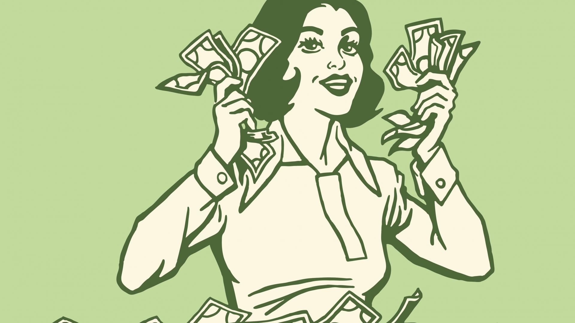 Frau Geld grün Zeichnung
