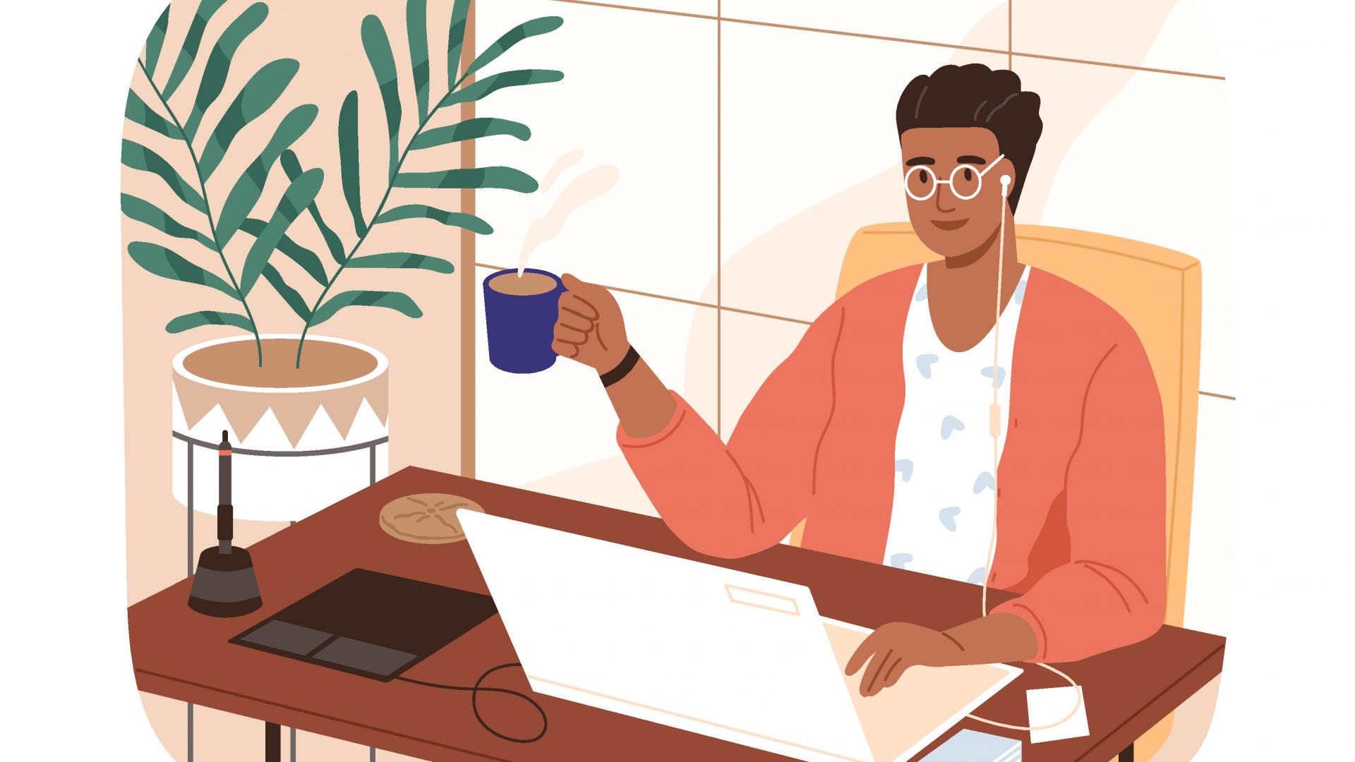 illustration black mann kaffee laptop arbeiten pflanze