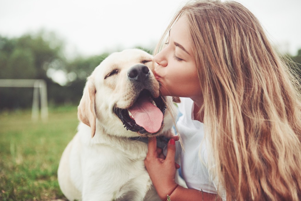 Frau kuschelt ihren glücklichen Hund.