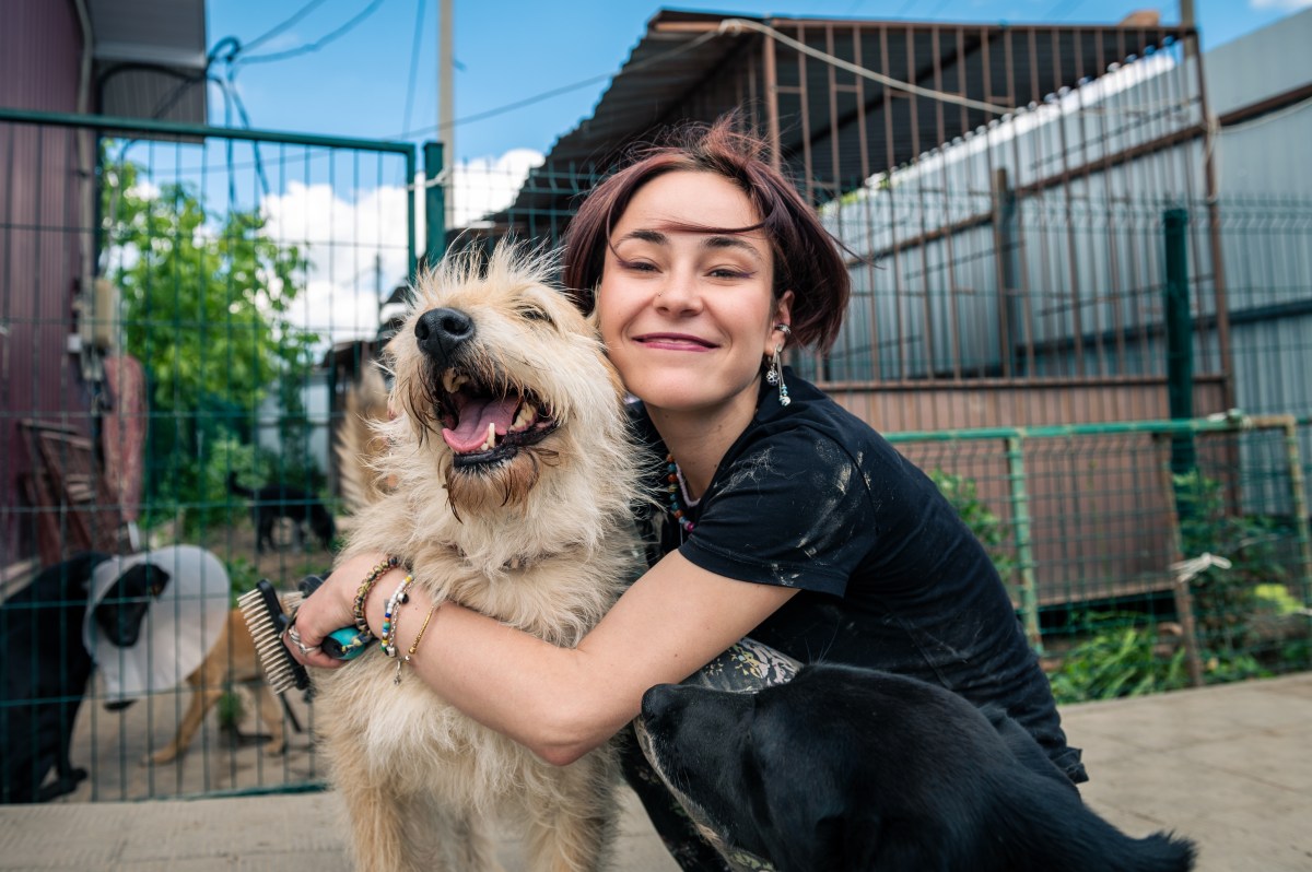 Frau hat Hund aus dem Tierheim im Arm.