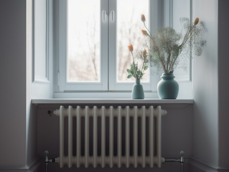 Eine Heizung steht unter dem Fenster. Auf dem Fensterbrett stehen Blumen.