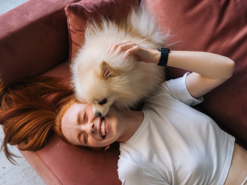 Hund bringt Frau zum Lachen