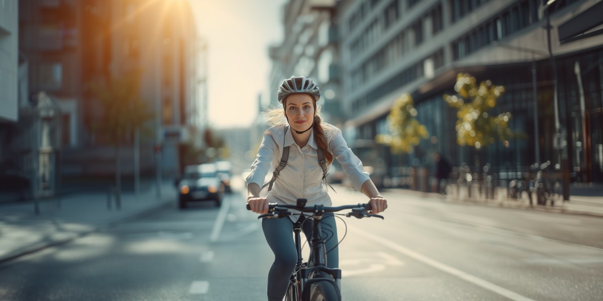 Eine Frau sitzt auf dem Fahrrad. Sie trägt einen Helm.