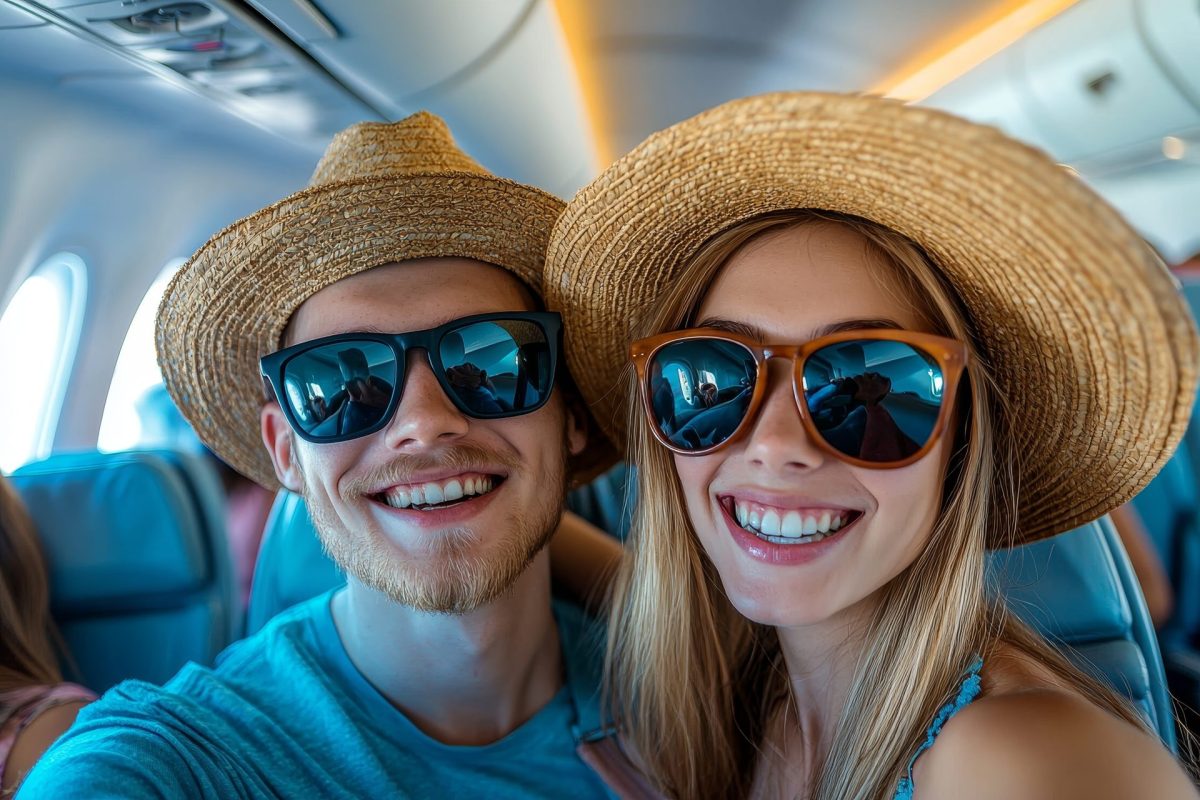 Paar mit Sonnebrille im Flugzeug