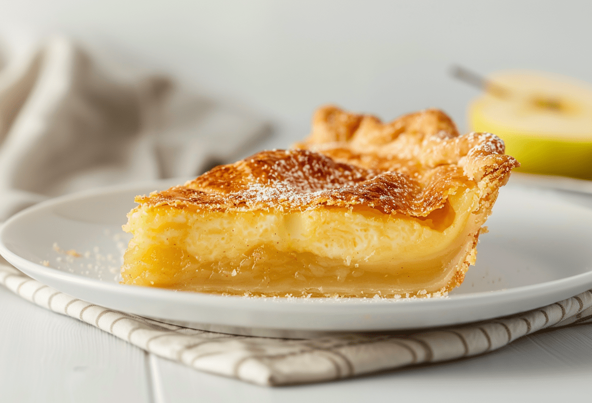 Apfelmuskuchen mit Pudding auf einem weißen Teller.