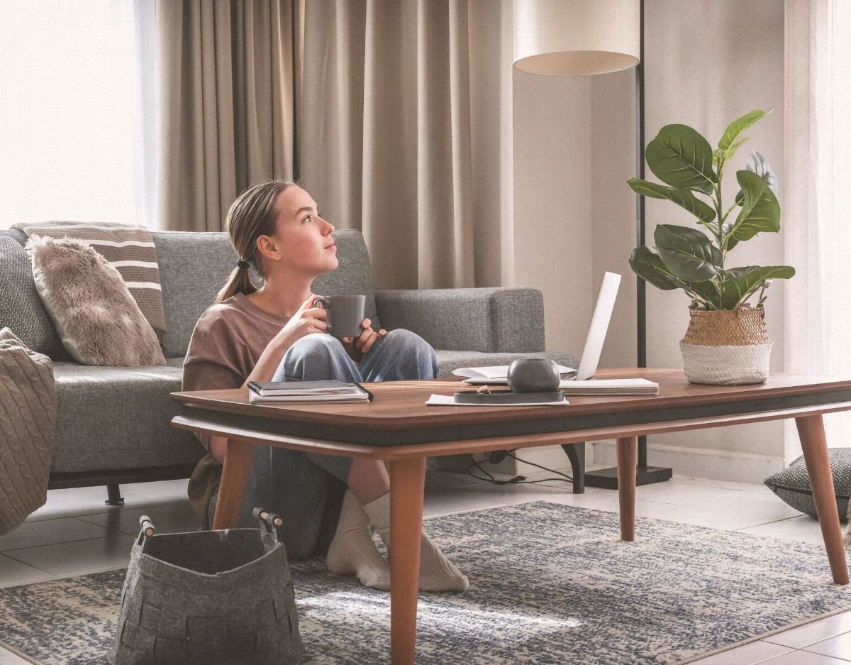 Eine Frau sitzt mit einer Tasse in der Hand auf dem Teppich im Wohnzimmer. Auf dem Couchtisch steht ihr Computer.