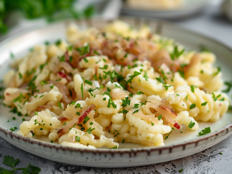 Ein Teller Krautspätzle mit Apfelmus, bestreut mit Petersilie.