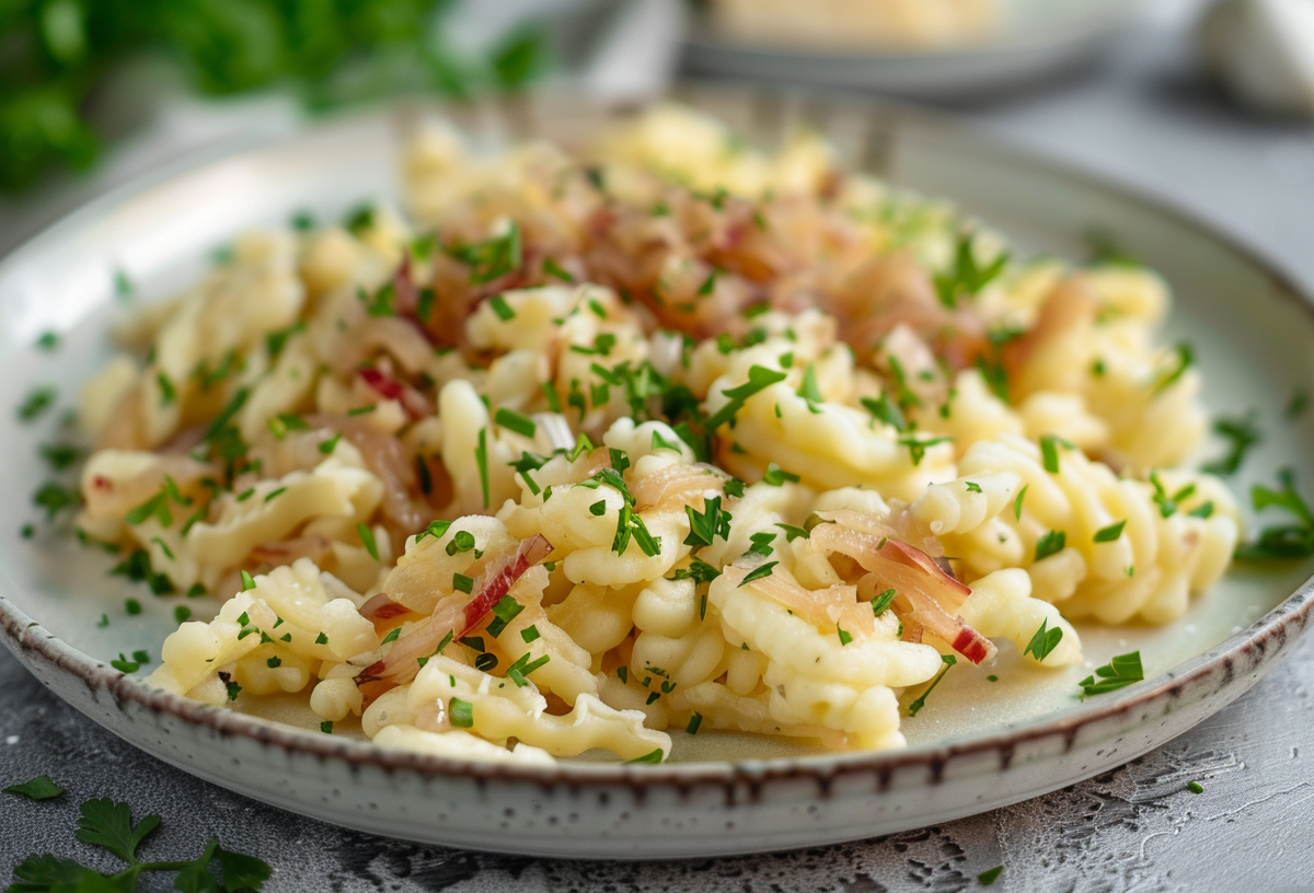 Ein Teller Krautspätzle mit Apfelmus, bestreut mit Petersilie.